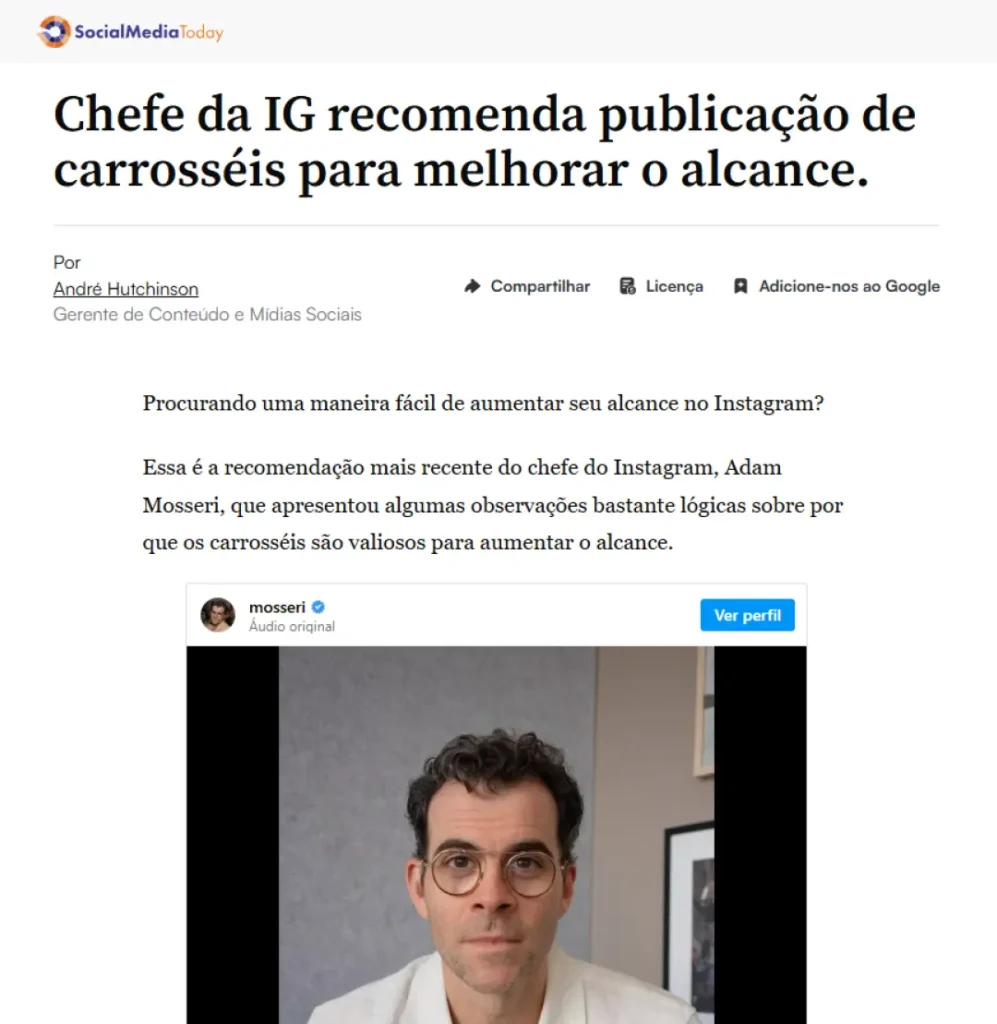 Conteúdo sobre carrosséis e alcance no Instagram — referência ao CEO do Instagram